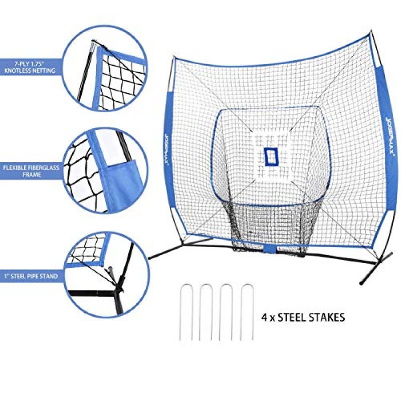 JOGENMAX 7x7 DLX 연습용 네트 + 디럭스 티 + 볼 캐디 + 트레이닝 볼/스트라이크 존 번들 3개 + 휴대용 가방 | 야구 소프트볼 피칭 타격 훈련 장비 세트