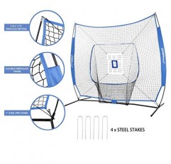 JOGENMAX 7x7 DLX 연습용 네트 + 디럭스 티 + 볼 캐디 + 트레이닝 볼/스트라이크 존 번들 3개 + 휴대용 가방 | 야구 소프트볼 피칭 타격 훈련 장비 세트