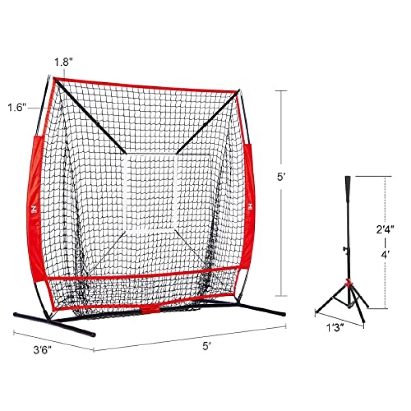 ZELUS 야구 네트 및 티, 타격 및 투구용 5x5ft/ 7x7ft 야구 네트, 캐리 백 볼 캐디 및 야구가 포함된 휴대용 실내 야외 타격 연습 네트