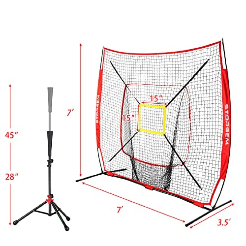 Storgem 야구 및 소프트볼 연습 네트 7×7ft 휴대용 타격 피칭 타격 훈련 네트 타격 티와 스트라이크 존 및 보우 프레임이 있는 야구 백스톱 네트