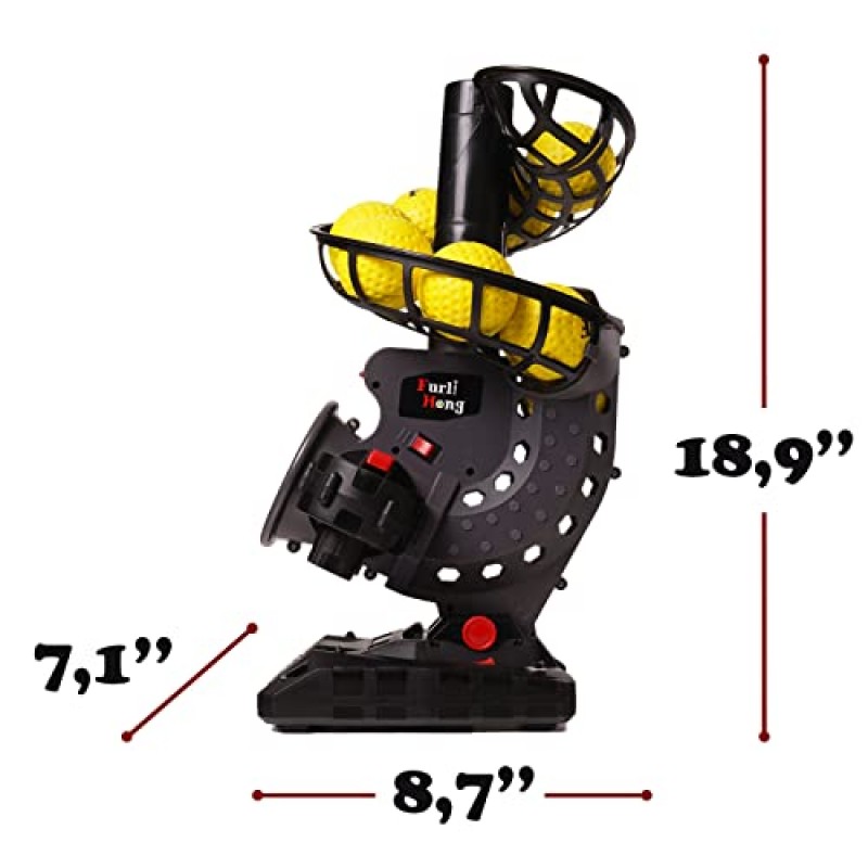 Furlihong 전자 야구 피칭 기계 세트, 각도 조절 가능, 타이머 및 속도, AC 어댑터 또는 배터리 구동, 배트, 8개의 보조개 공, 4개의 추가 스태커 및 휴대용 가방 포함