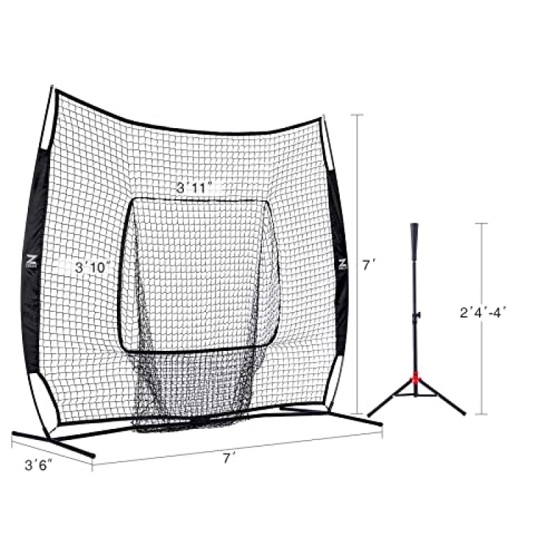 ZELUS 7x7ft 야구 소프트볼 연습 네트 | 티, 야구공, 타격 및 투구용 휴대용 가방이 포함된 야구 네트