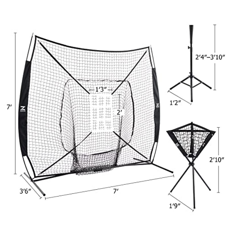 티 및 스트라이크 존이 포함된 ZELUS 야구 네트 키트, 휴대용 가방 볼 캐디 및 12개의 야구공 및 12개의 2.8인치 1lb 중량 공으로 타격 및 투구를 위한 7x7ft 소프트볼 훈련 장비
