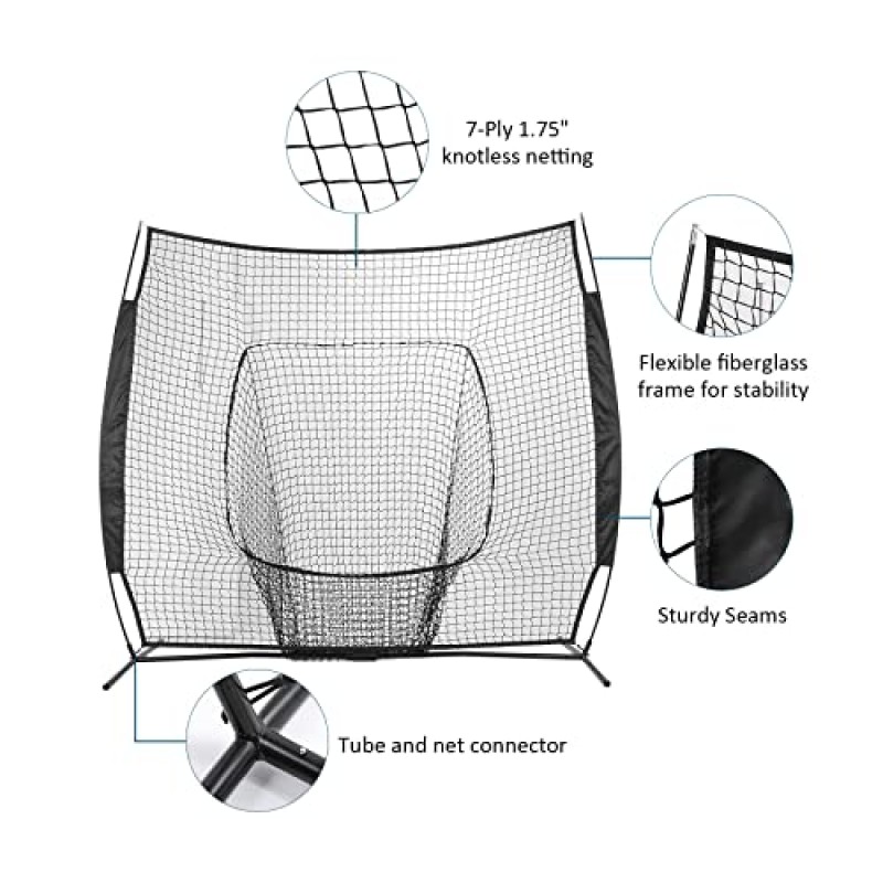 티 키트가 포함된 7×7 야구 네트, 타격 및 투구용 휴대용 야구 네트, 티가 포함된 소프트볼 네트, 휴대용 가방 및 무게가 있는 야구
