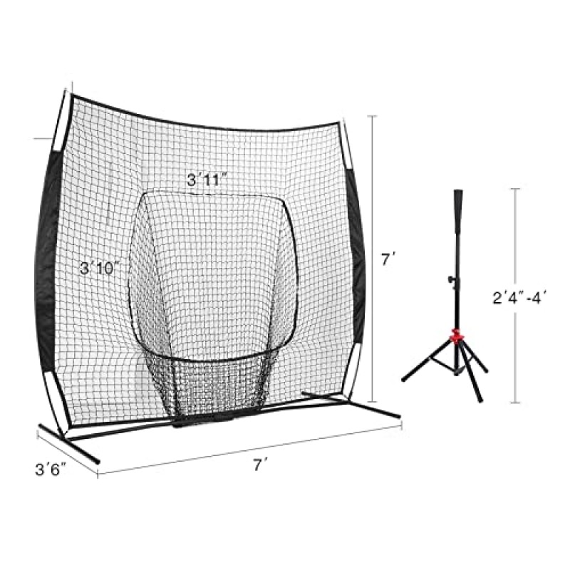 티 키트가 포함된 7×7 야구 네트, 타격 및 투구용 휴대용 야구 네트, 티가 포함된 소프트볼 네트, 휴대용 가방 및 무게가 있는 야구