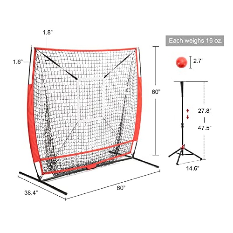 야구 및 소프트볼 연습 네트 5×5ft 휴대용 타격 타격 훈련 네트(타겟 존 번들, 가중 훈련 공 및 운반용 가방 포함)