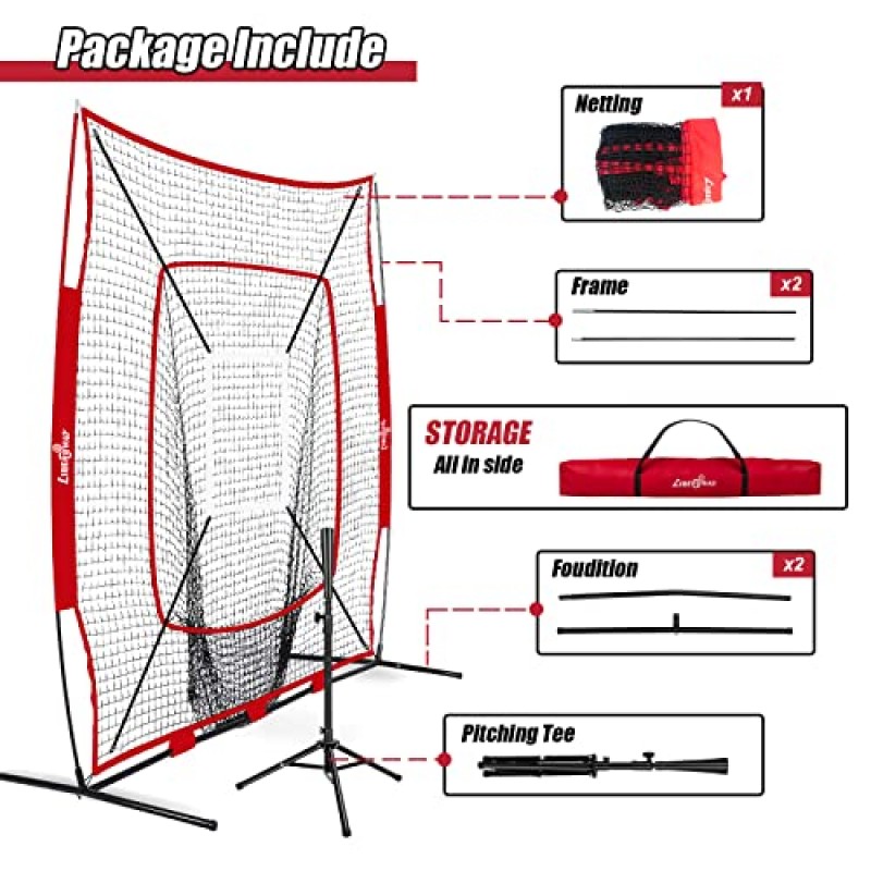 야구 및 소프트볼 연습 네트 7×7ft 휴대용 타격 피칭 타격 훈련 네트 타격 티 및 스트라이크 존 및 보우 프레임 및 캐리 백이 포함된 야구 백스톱 네트