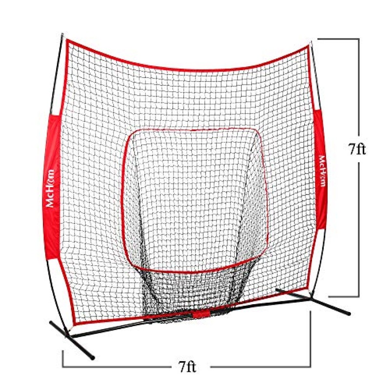 McHom 7피트 x 7피트 야구 및 소프트볼 연습 네트, 활 프레임이 있는 타격 및 투구 연습용, 접이식 및 휴대용, 빨간색