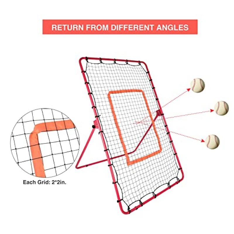 Lineslife 야구 피치백 리바운드 네트, 투구 및 투구 연습용 각도 조절 가능 야구 소프트볼 리바운드, 6 x 4피트