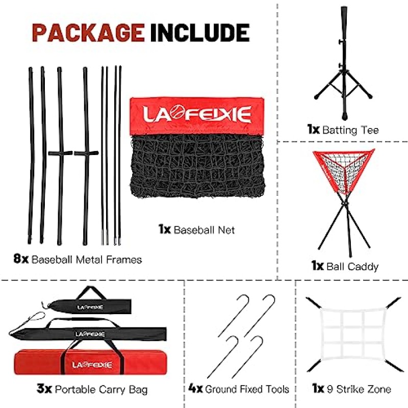 LAOFEIXIE 야구 소프트볼 연습 네트 세트 - 타격 및 피칭용 7×7ft 야구 네트, 볼 캐디, 타격 티, 스트라이크 존 타겟 및 캐리 백이 포함된 휴대용 피칭 네트 야구 훈련