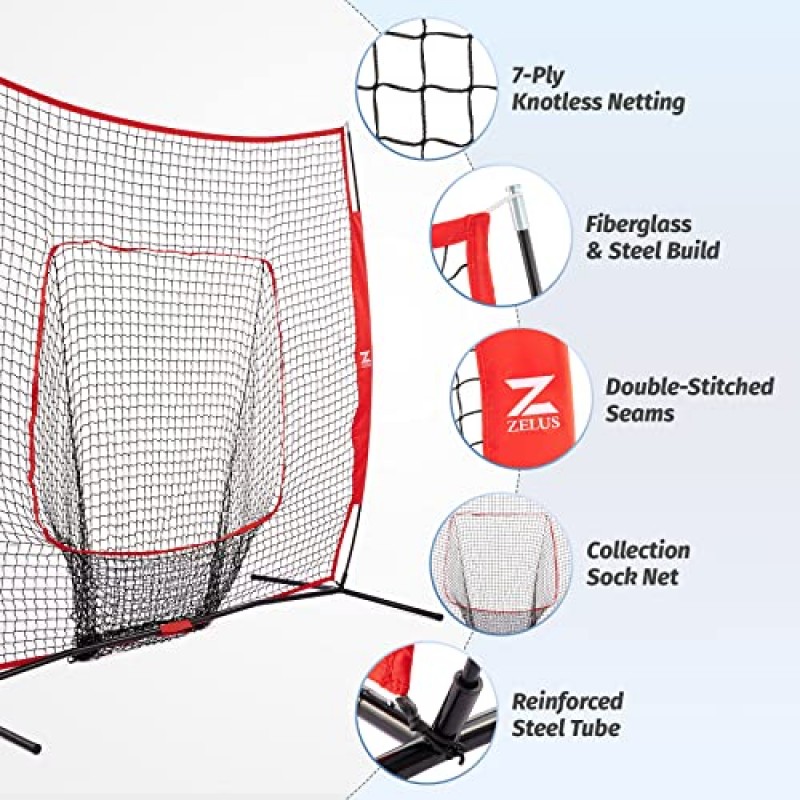 뒷마당용 스트라이크 존이 있는 타격 및 피칭용 ZELUS 야구 네트, 7x7ft 야외 볼 스포츠 양말 네트 및 야구 티 콤보, 야구 12개 및 2.8인치 1lb 무게 공 12개 포함