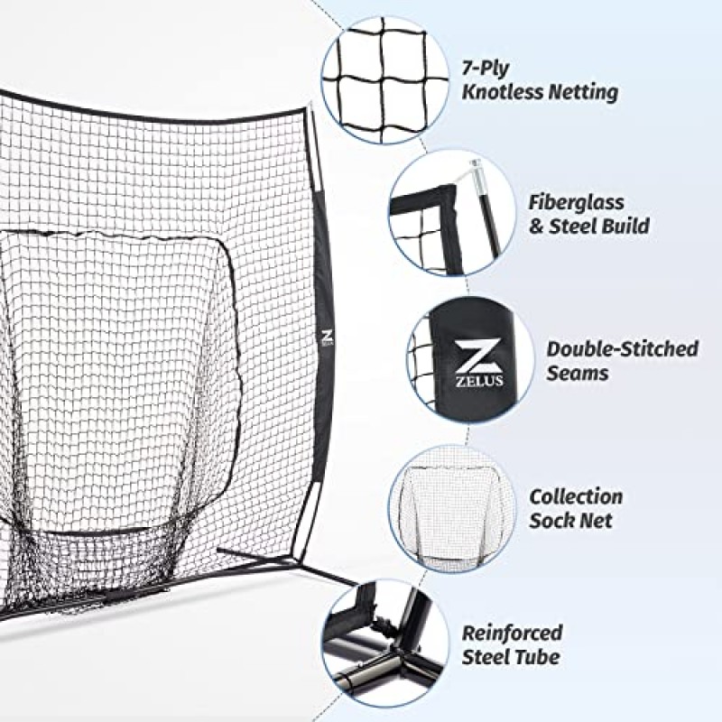 야구 티와 양말 네트가 포함된 ZELUS 야구 네트 키트, 타격 및 타격 연습을 위한 7x7ft 소프트볼 야구 훈련 장비, 캐리 백이 포함된 휴대용 실내 실외 피칭 네트 야구 3개