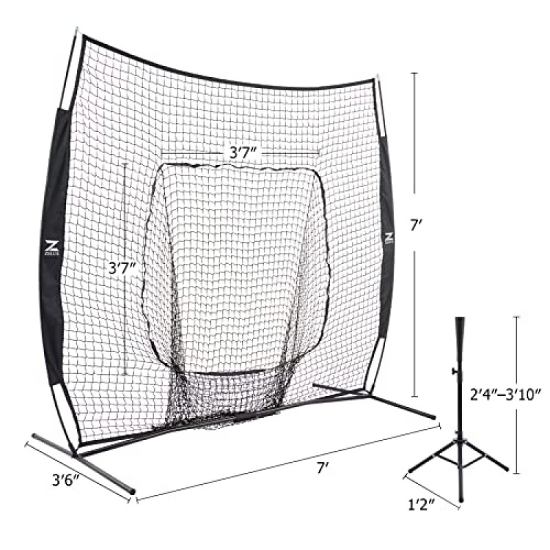 야구 티와 양말 네트가 포함된 ZELUS 야구 네트 키트, 타격 및 타격 연습을 위한 7x7ft 소프트볼 야구 훈련 장비, 캐리 백이 포함된 휴대용 실내 실외 피칭 네트 야구 3개