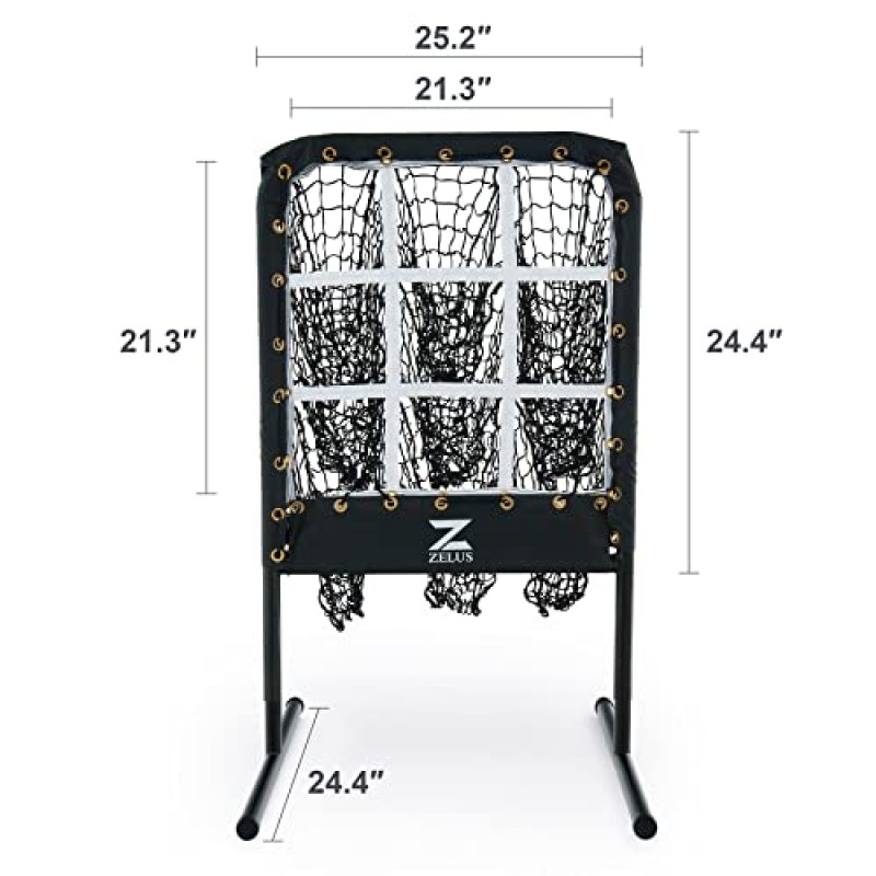 9개의 타겟 포켓이 있는 ZELUS 야구 네트, 2x2ft 피칭 네트, 타격 및 투구 연습을 위한 높이 조절 가능한 소프트볼 야구 훈련 장비, 스트라이크 존이 있는 휴대용 투수 트레이너 네트