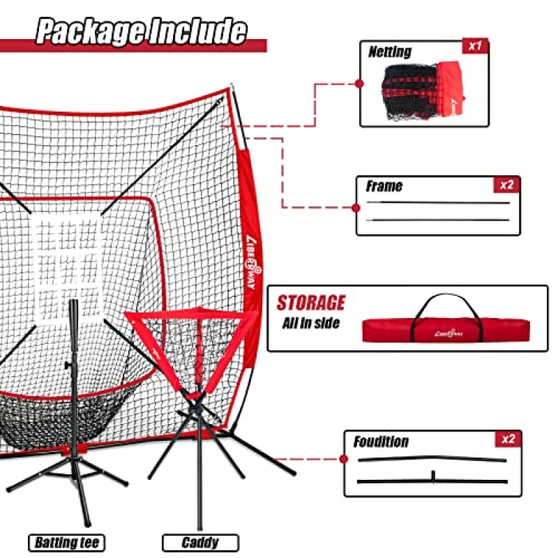 LIBERRWAY 야구 및 소프트볼 연습 네트 7×7ft 휴대용 타격 피칭 타격 훈련 네트 배팅 티 볼 캐디 및 스트라이크 존 및 보우 프레임 및 캐리 백이 포함된 야구 백스톱 네트