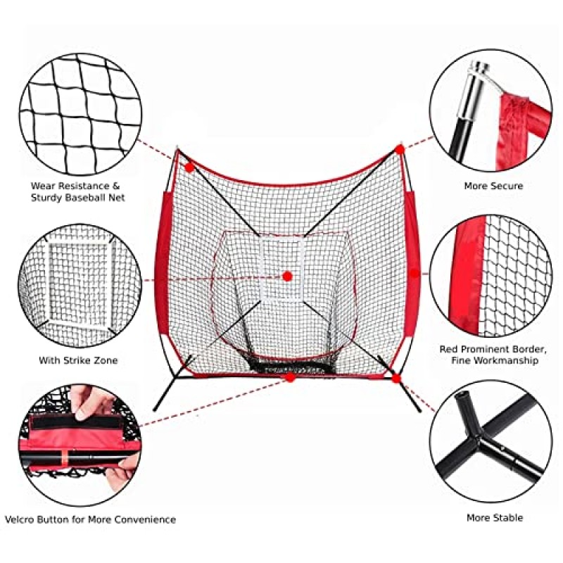 Qswrd 야구 연습 네트 휴대용 7 x 7 피트 소프트볼 타격 네트 Strudy 접이식 피칭 타격 네트 시스템(스트라이크 존 포함) - 보우 프레임 및 캐리 백, 빨간색