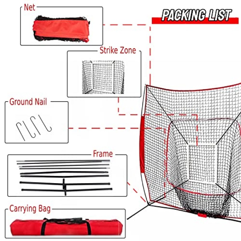 Qswrd 야구 연습 네트 휴대용 7 x 7 피트 소프트볼 타격 네트 Strudy 접이식 피칭 타격 네트 시스템(스트라이크 존 포함) - 보우 프레임 및 캐리 백, 빨간색