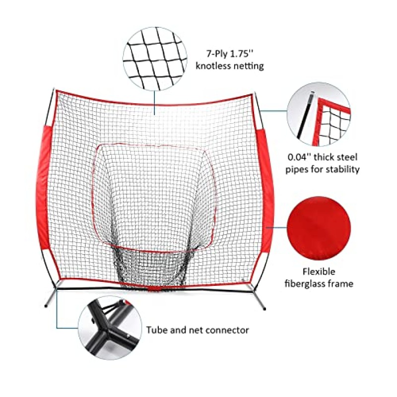 야구 및 소프트볼 연습 네트 7×7ft 휴대용 타격 타격 훈련 네트(캐리 백 및 금속 프레임 포함)