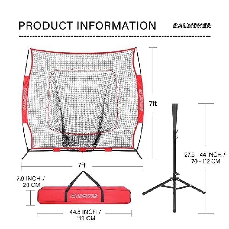 BALWONER 7 x 7피트 야구 소프트볼 연습 네트 세트, 타격 및 투구용 티 및 휴대용 가방 포함