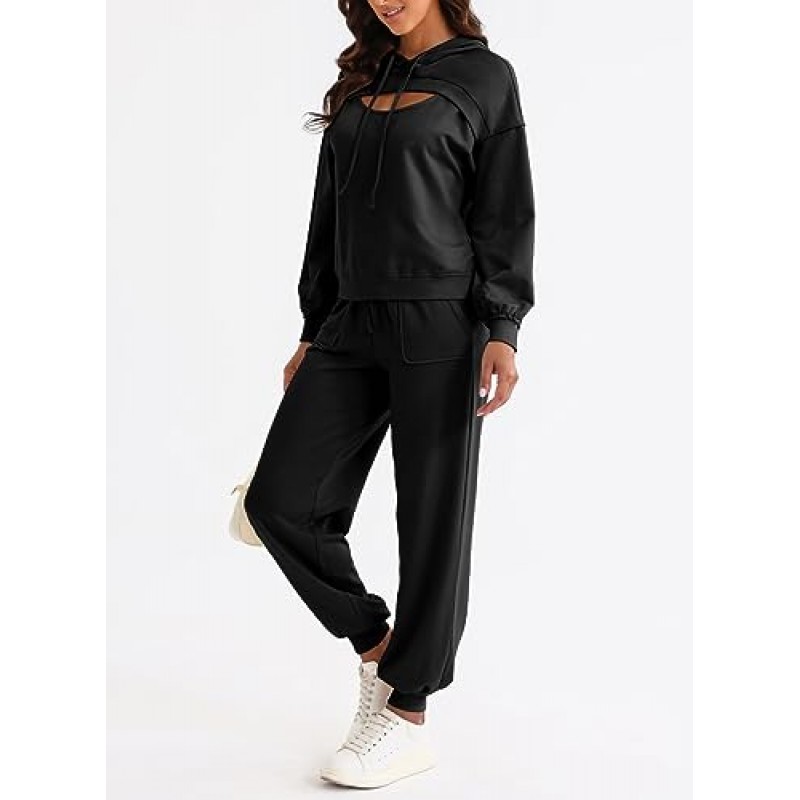 Aleumdr Womens 2 Piece Sweatsuit 복장 Drawstring 조깅 바지가있는 긴 소매 컷 아웃 후드 Tracksuit Lounge Set