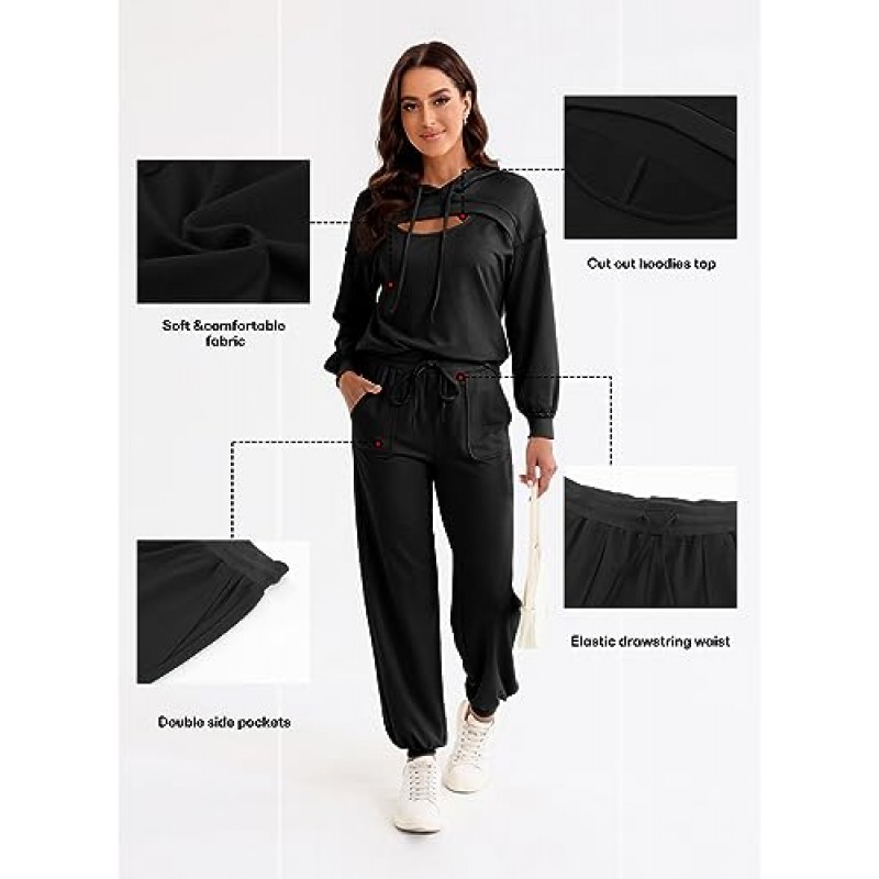 Aleumdr Womens 2 Piece Sweatsuit 복장 Drawstring 조깅 바지가있는 긴 소매 컷 아웃 후드 Tracksuit Lounge Set