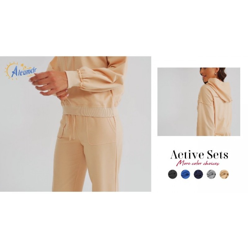 Aleumdr Womens 2 Piece Sweatsuit 복장 Drawstring 조깅 바지가있는 긴 소매 컷 아웃 후드 Tracksuit Lounge Set