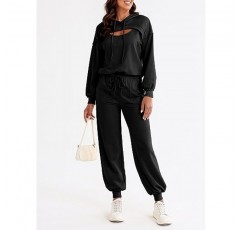 Aleumdr Womens 2 Piece Sweatsuit 복장 Drawstring 조깅 바지가있는 긴 소매 컷 아웃 후드 Tracksuit Lounge Set