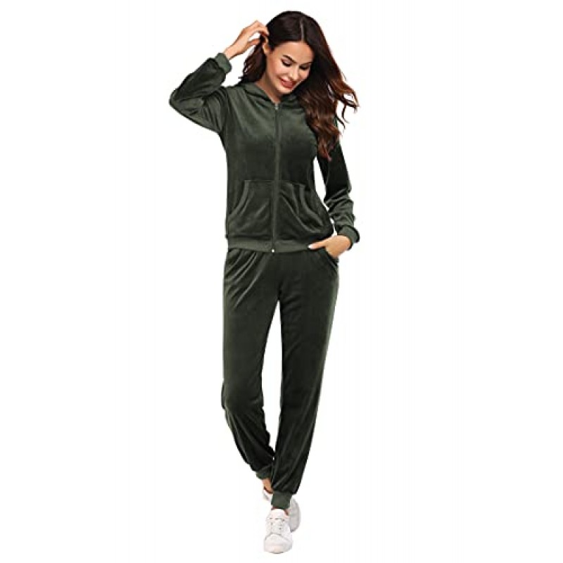 HOTOUCH Womens 캐주얼 벨벳 Tracksuit 세트 풀 지퍼 까마귀 긴 운동 바지 Tracksuit 조깅 슈트 XS-XXL