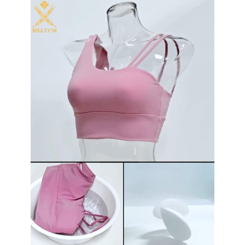 MELYUM Womens 롱 라인 스포츠 브라 원 스트랩 운동 자르기 탱크 탑 지원 요가 오픈 백 비대칭 Activewear