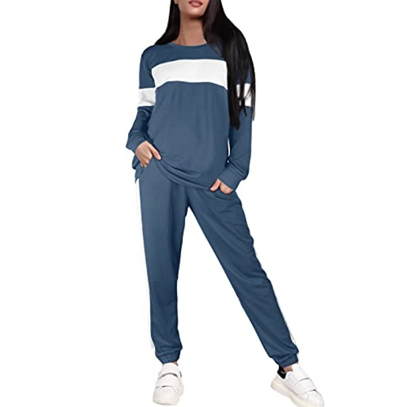 Sipaya 2 Piece Sweatsuits 여성용 Crewneck Colorblock 스트라이프 바지 세트 (포켓 포함)