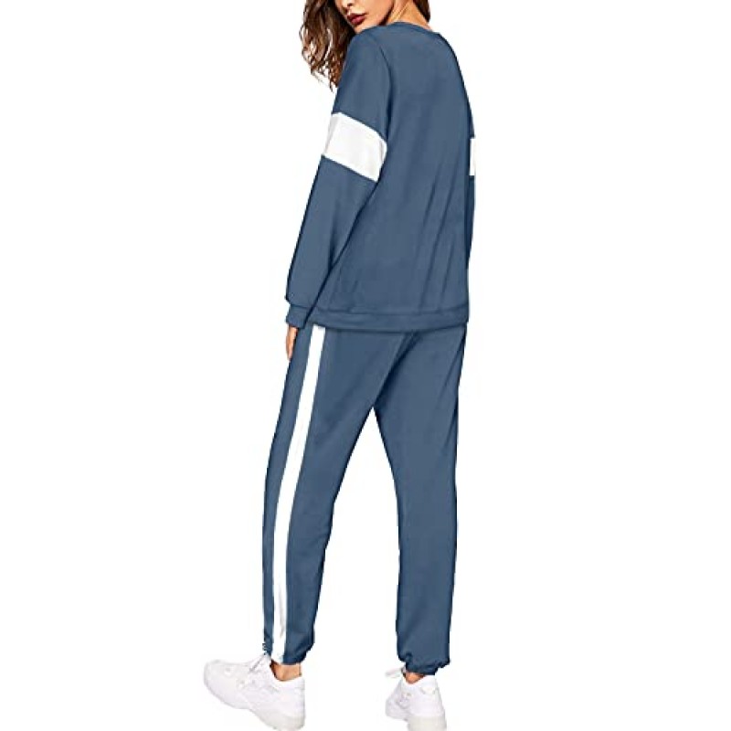 Sipaya 2 Piece Sweatsuits 여성용 Crewneck Colorblock 스트라이프 바지 세트 (포켓 포함)