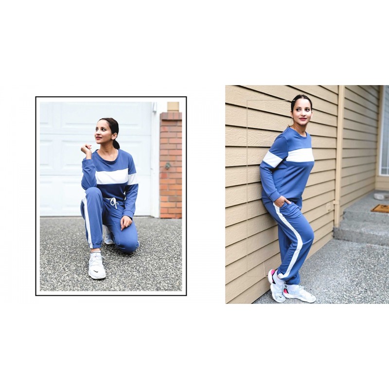 Sipaya 2 Piece Sweatsuits 여성용 Crewneck Colorblock 스트라이프 바지 세트 (포켓 포함)