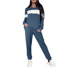 Sipaya 2 Piece Sweatsuits 여성용 Crewneck Colorblock 스트라이프 바지 세트 (포켓 포함)