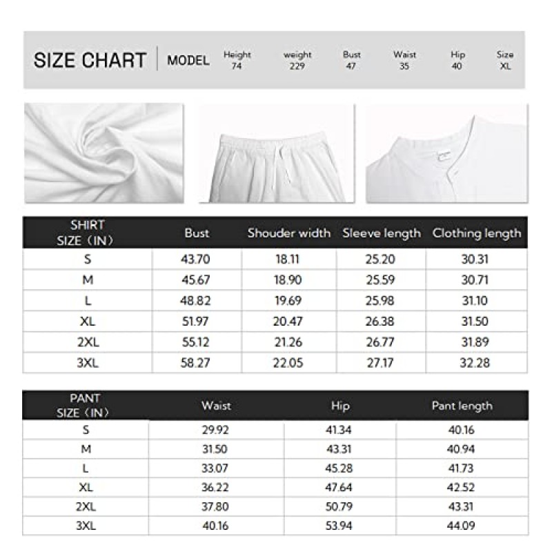 RPOVIG 리넨 셔츠 세트 의상: 남성용 2 피스 헨리 셔츠 긴 소매 루즈 요가 바지 비치 의류