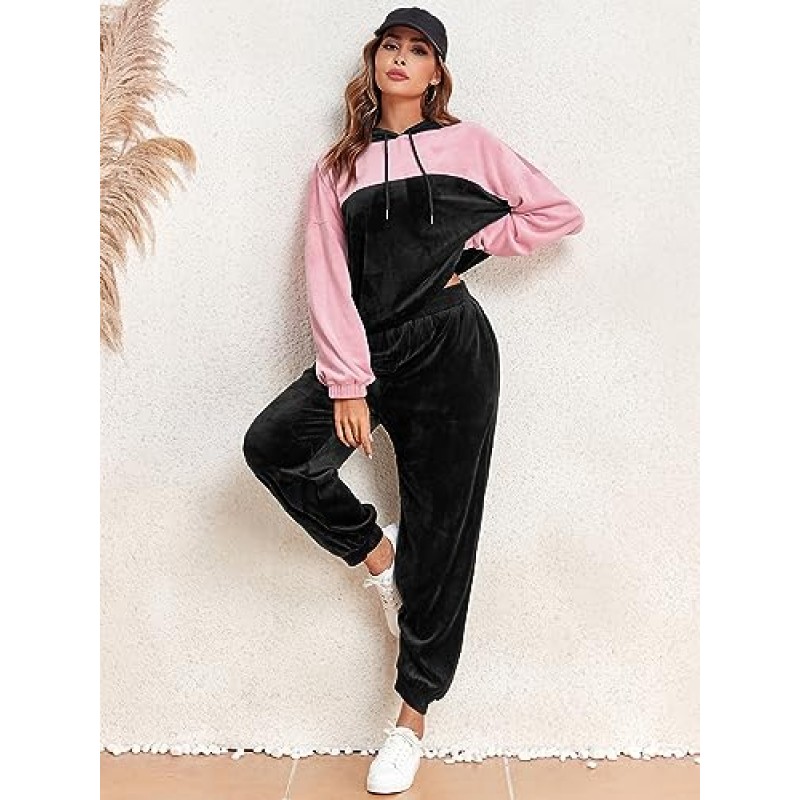 ZAFUL Womens 2 Piece Sweatsuit 복장 벨벳 컬러 블록 후드 티 및 Drawstring 바지 Tracksuit Lounge Set with Pockets