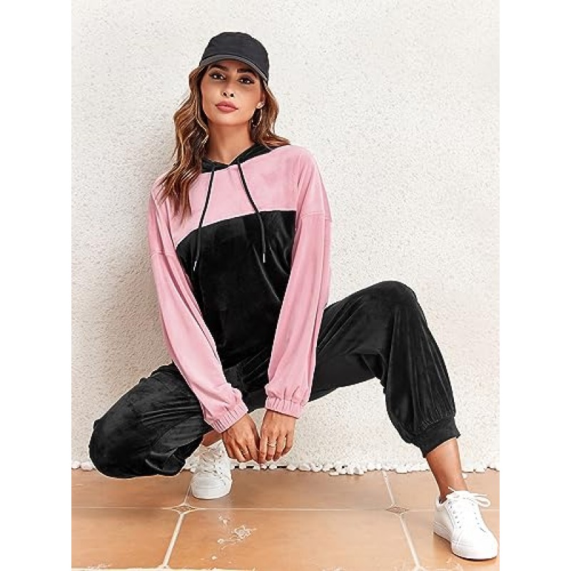 ZAFUL Womens 2 Piece Sweatsuit 복장 벨벳 컬러 블록 후드 티 및 Drawstring 바지 Tracksuit Lounge Set with Pockets