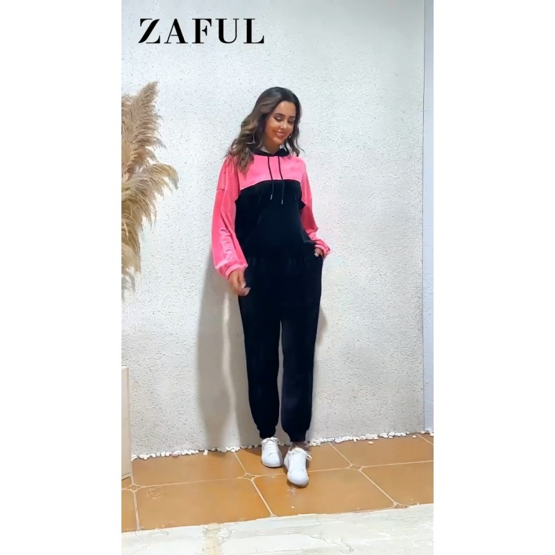 ZAFUL Womens 2 Piece Sweatsuit 복장 벨벳 컬러 블록 후드 티 및 Drawstring 바지 Tracksuit Lounge Set with Pockets