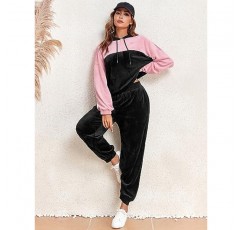 ZAFUL Womens 2 Piece Sweatsuit 복장 벨벳 컬러 블록 후드 티 및 Drawstring 바지 Tracksuit Lounge Set with Pockets