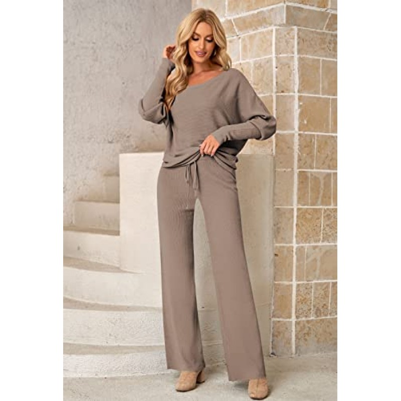 Linsery Womens 2 Piece 복장 원 숄더 니트 스웨터 풀오버 와이드 레그 팬츠 세트 Sweatsuit Tracksuit