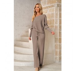 Linsery Womens 2 Piece 복장 원 숄더 니트 스웨터 풀오버 와이드 레그 팬츠 세트 Sweatsuit Tracksuit