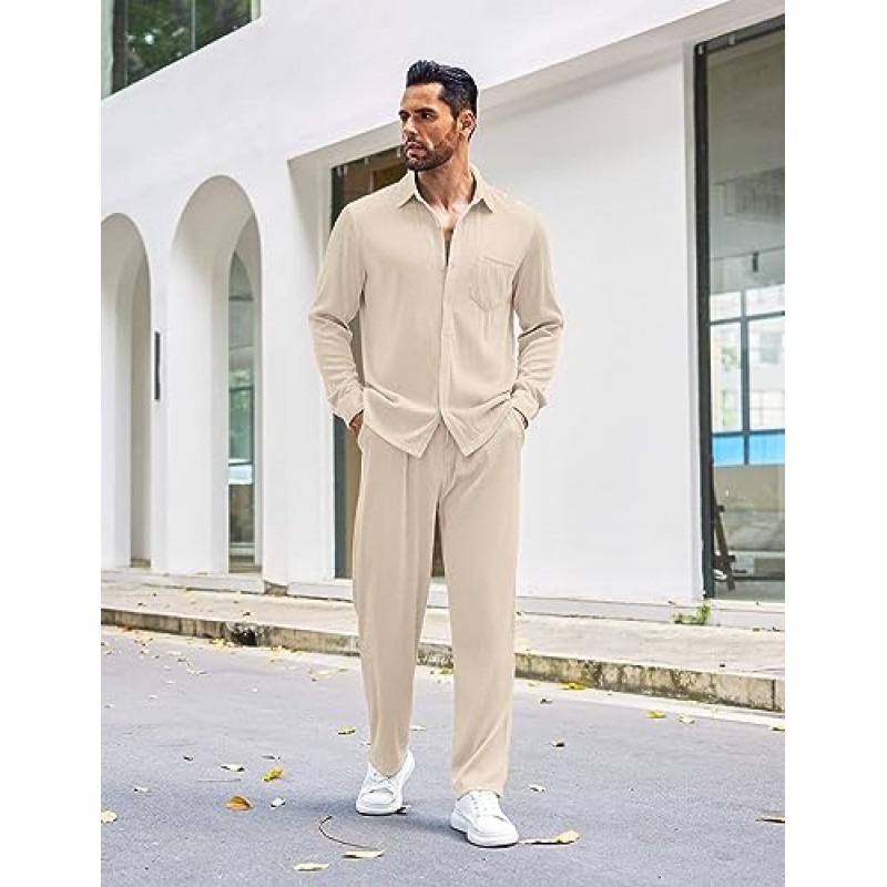 COOFANDY 남성용 2 피스 복장 캐주얼 긴 소매 버튼 다운 셔츠 및 바지 세트 Loungewear Street Walking Suits