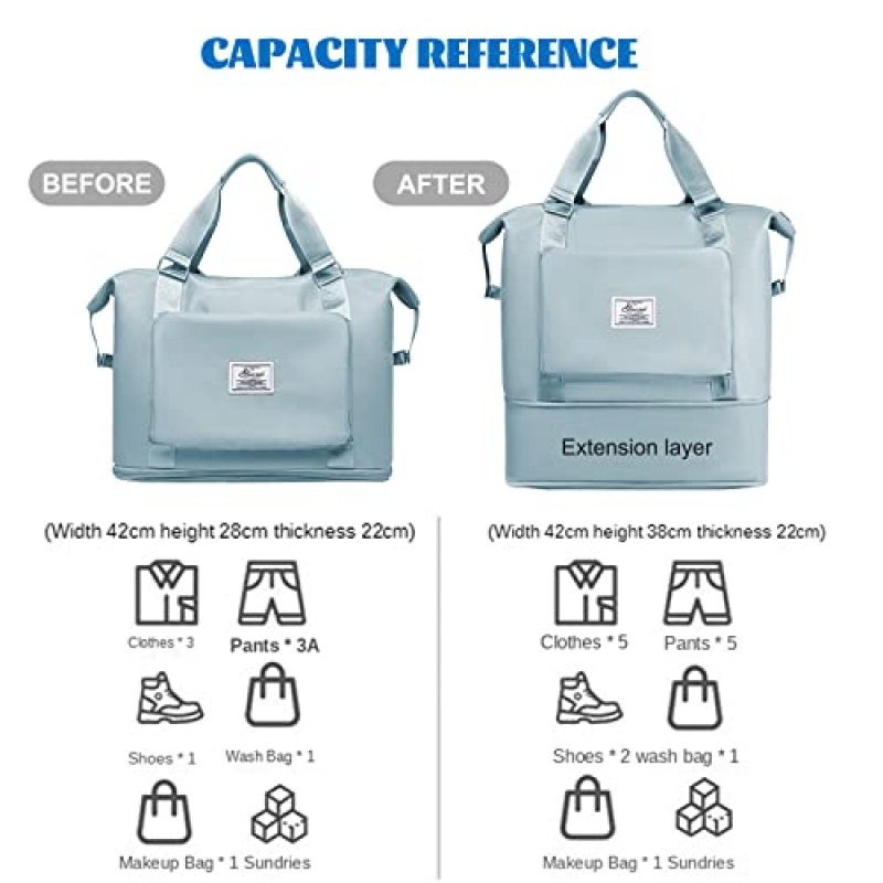 새로운 업그레이드 여행 더플 백, 방수 체육관 토트 백, 위켄더 오버나잇 백, 건식 및 습식 별도 스포츠 휴대용 숄더백, 대용량, 확장 가능 및 접이식(파란색)