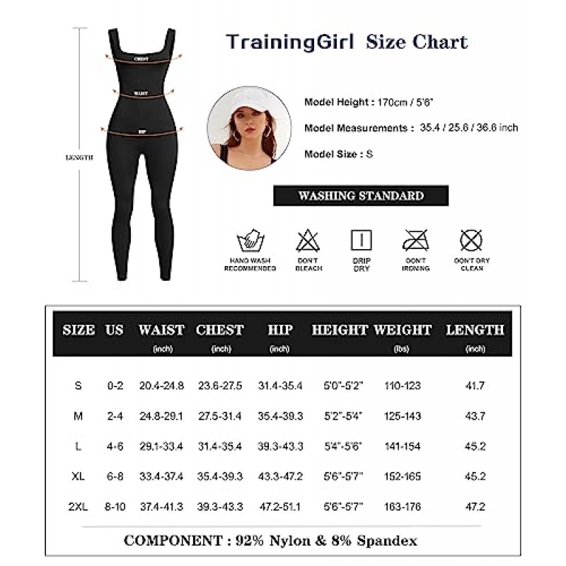 TrainingGirl 여자 원피스 운동 점프 슈트 스퀘어 넥 탱크 탑 롬퍼 골지 민소매 운동 Unitard Yoga Bodycon