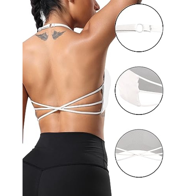 YEOREO Pearl 여성용 스포츠 브라 Strappy Criss Cross Back Bra Backless 탈착식 패딩 요가 크롭 탑