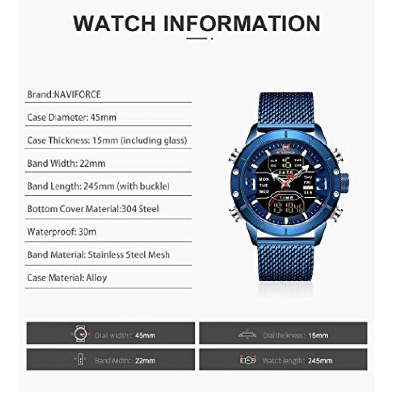 NAVIFORCE 디지털 시계 남자 방수 스포츠 시계 스테인레스 스틸 군사 석영 시계 손목 시계