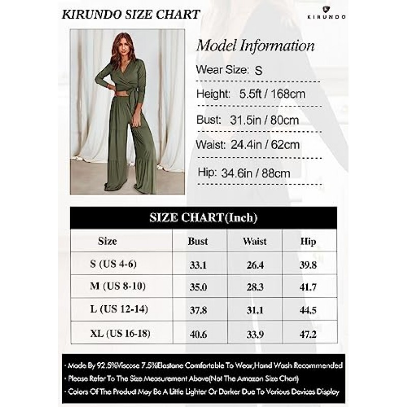 KIRUNDO 여성용 투피스 라운지 세트 긴 소매 랩 크롭 탑 와이드 레그 팔라 조 팬츠 Loungewear Tracksuit Sweatsuit