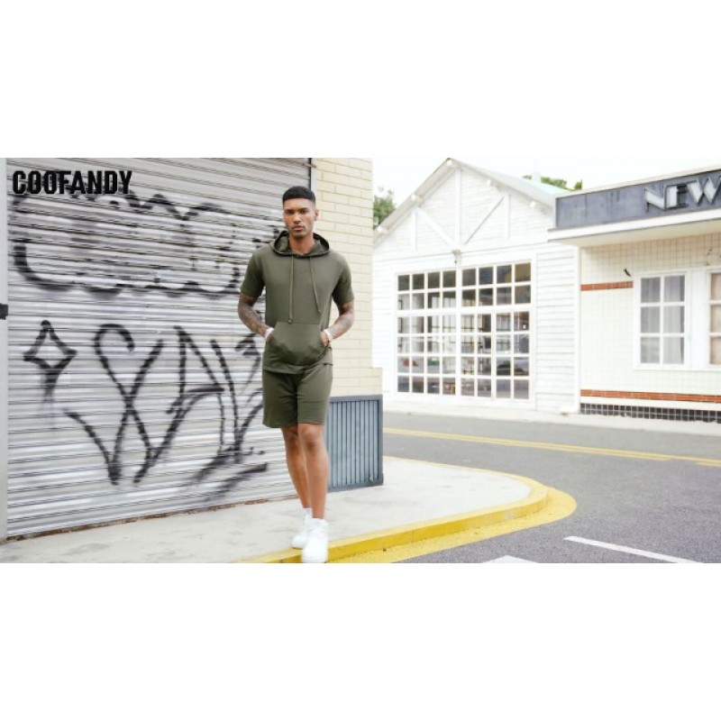 COOFANDY 남자 Tracksuit 2 조각 후드 운동복 운동복 반팔 캐주얼 스포츠 까마귀 반바지 세트