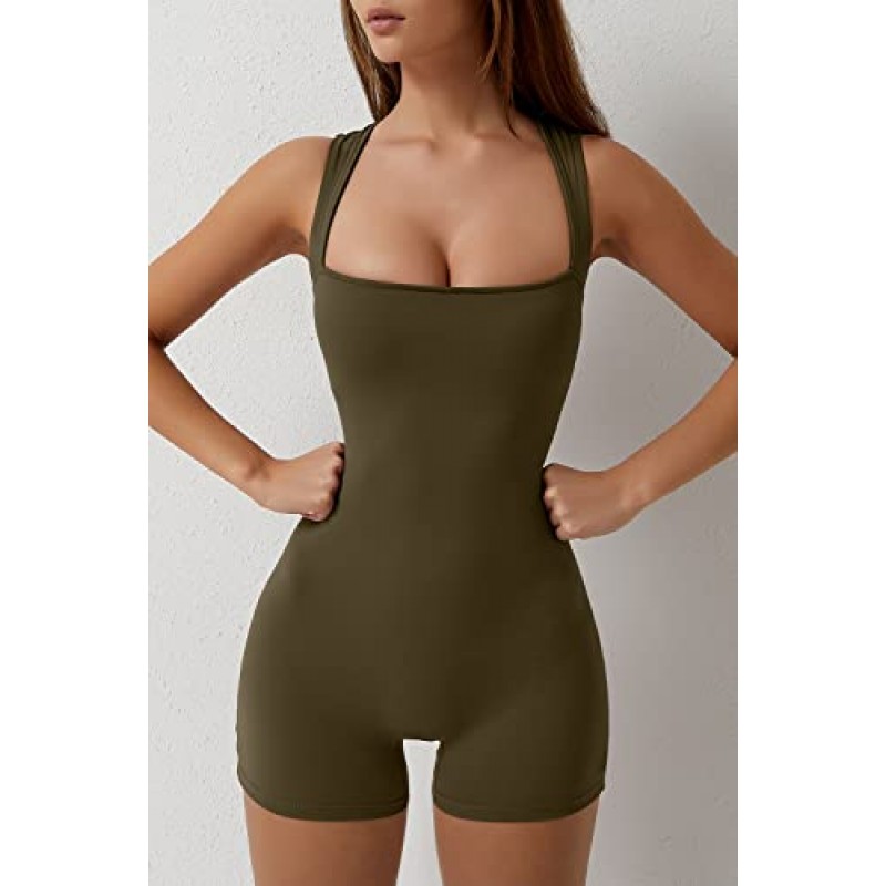 QINSEN Womens Strappy Square Neck 탱크 탑 Tummy Control Bodycon 스트레치 반바지 점프 슈트 로퍼