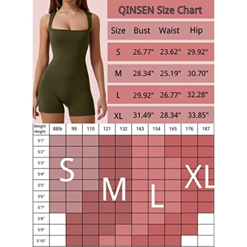 QINSEN Womens Strappy Square Neck 탱크 탑 Tummy Control Bodycon 스트레치 반바지 점프 슈트 로퍼