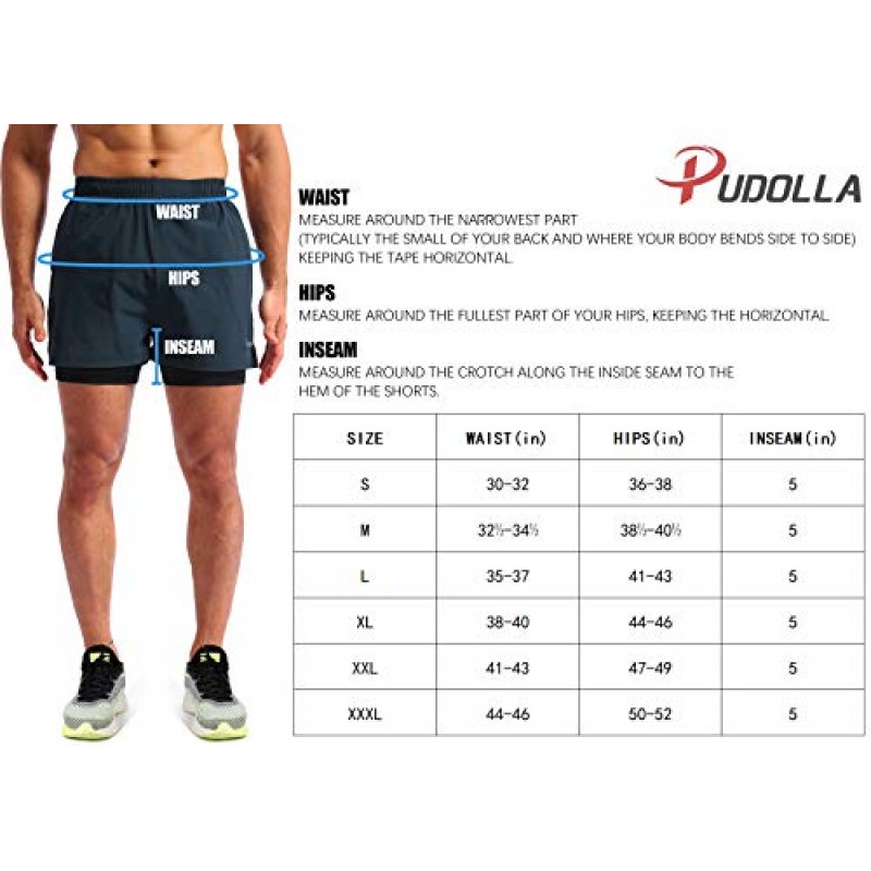 Pudolla 남성용 2 in 1 런닝 반바지 휴대폰 포켓이 있는 남성용 5인치 빠른 건조 체육관 운동용 운동 반바지